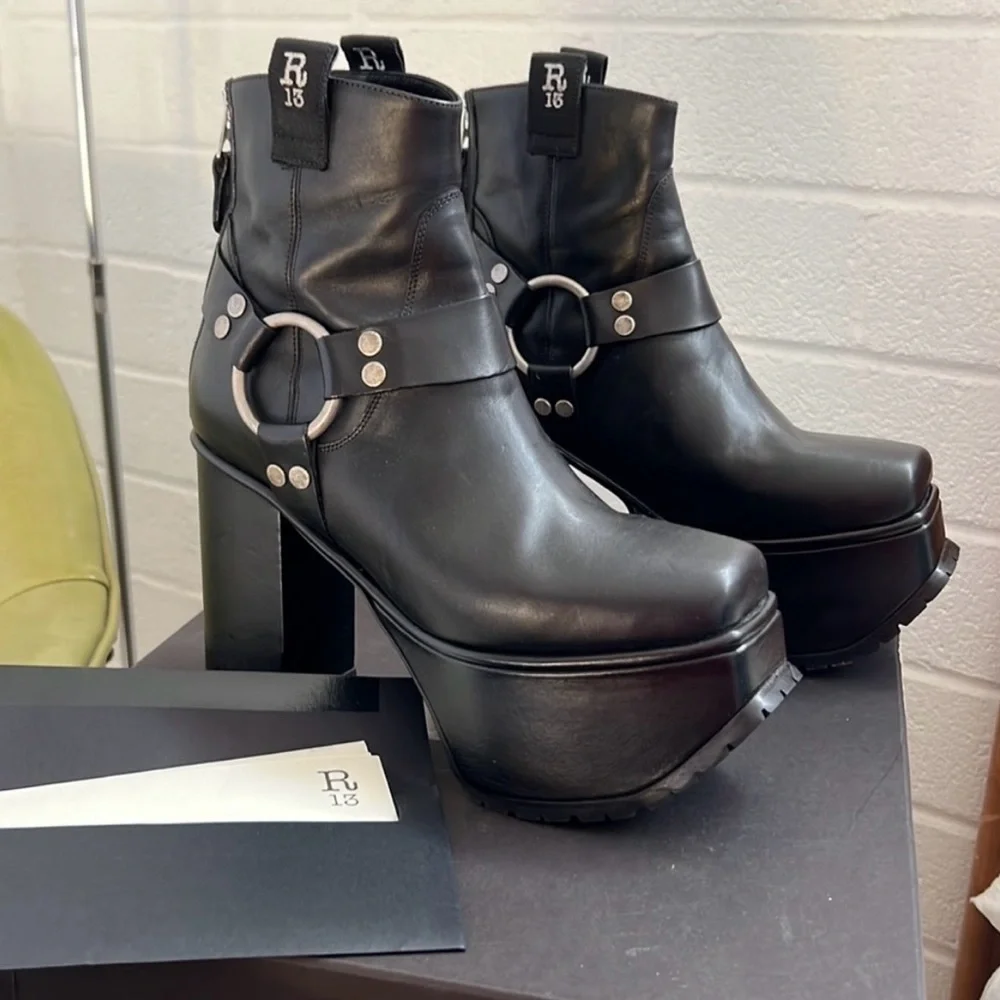R13 Black Heeled Boots with Platform and Silver Hardware - Picture 5 of 6